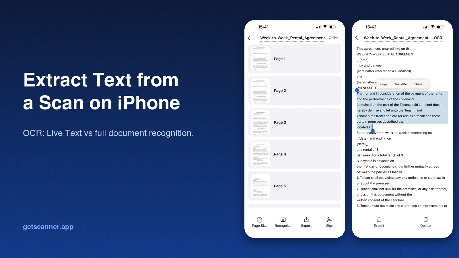 How to extract text from a scan on iPhone with OCR, shown with Scanner App recognition and result screens