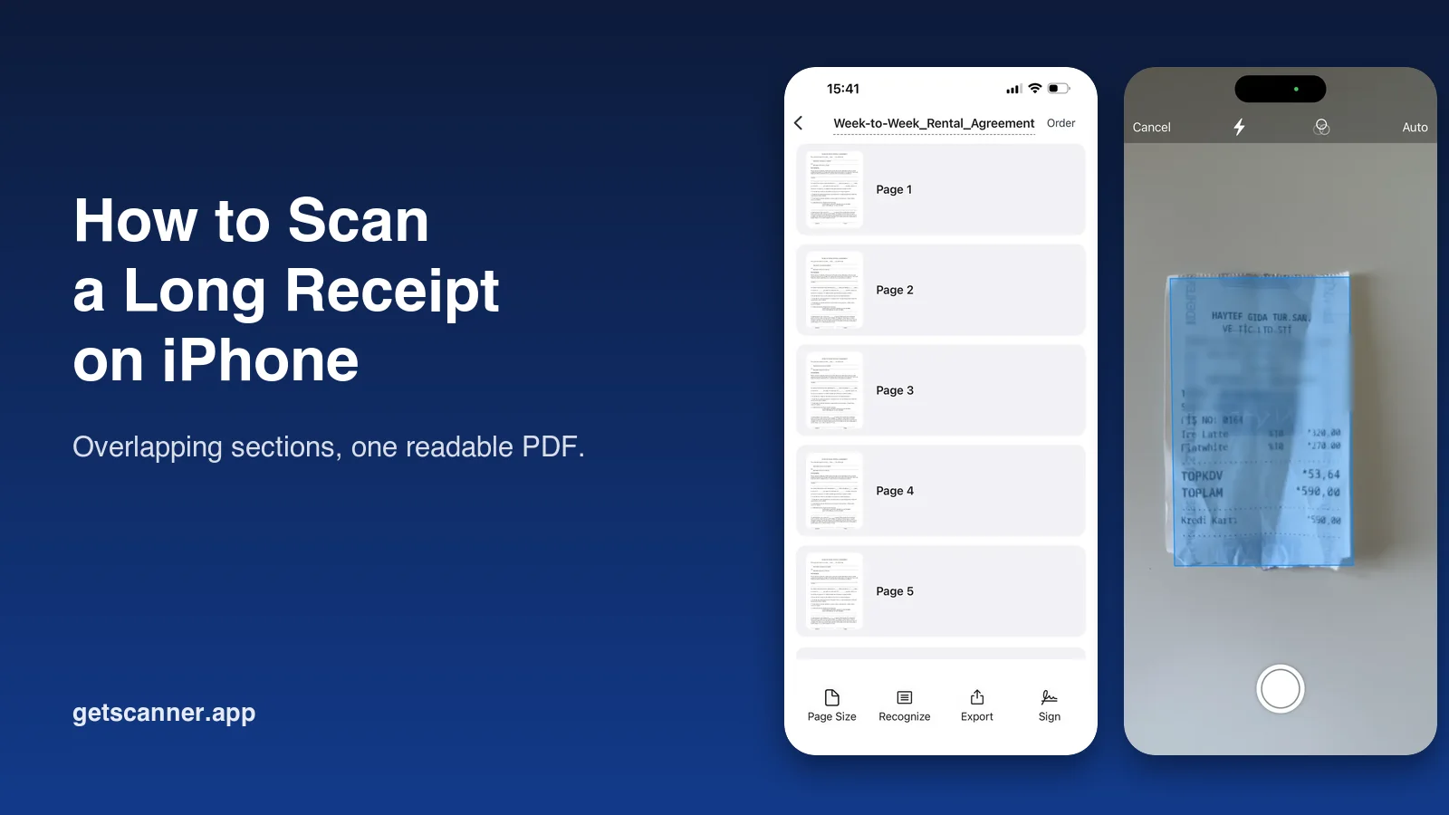 How to scan a long receipt on iPhone in overlapping sections, saved as one PDF