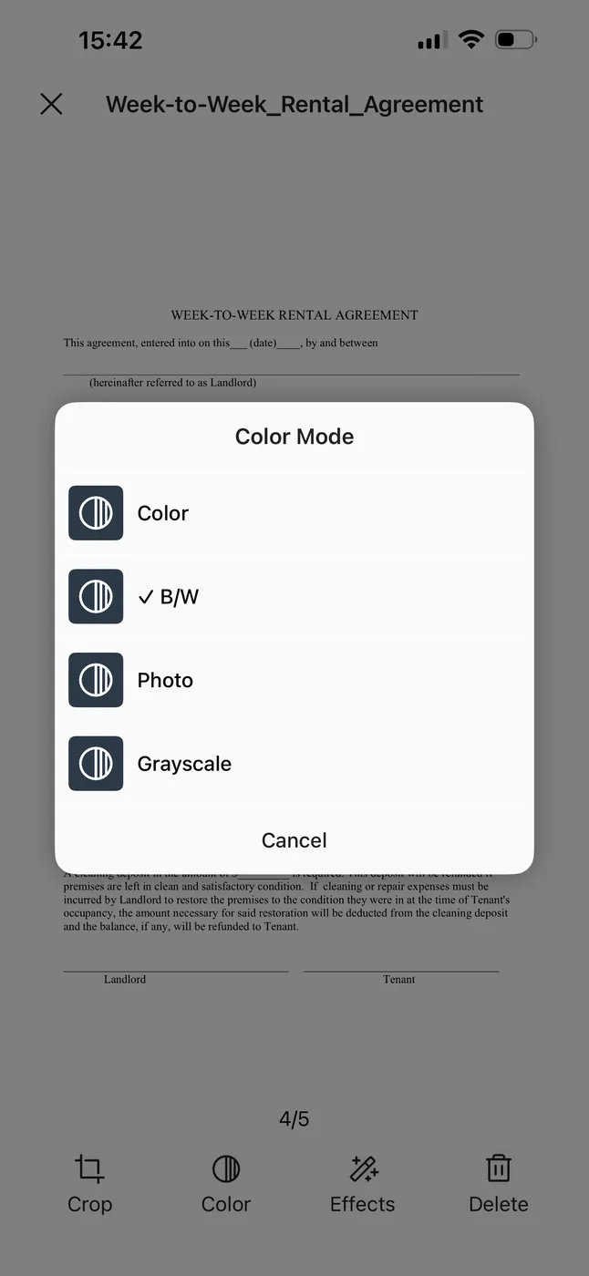 The Color Mode picker in Scanner App with Color, B/W, Photo, and Grayscale options