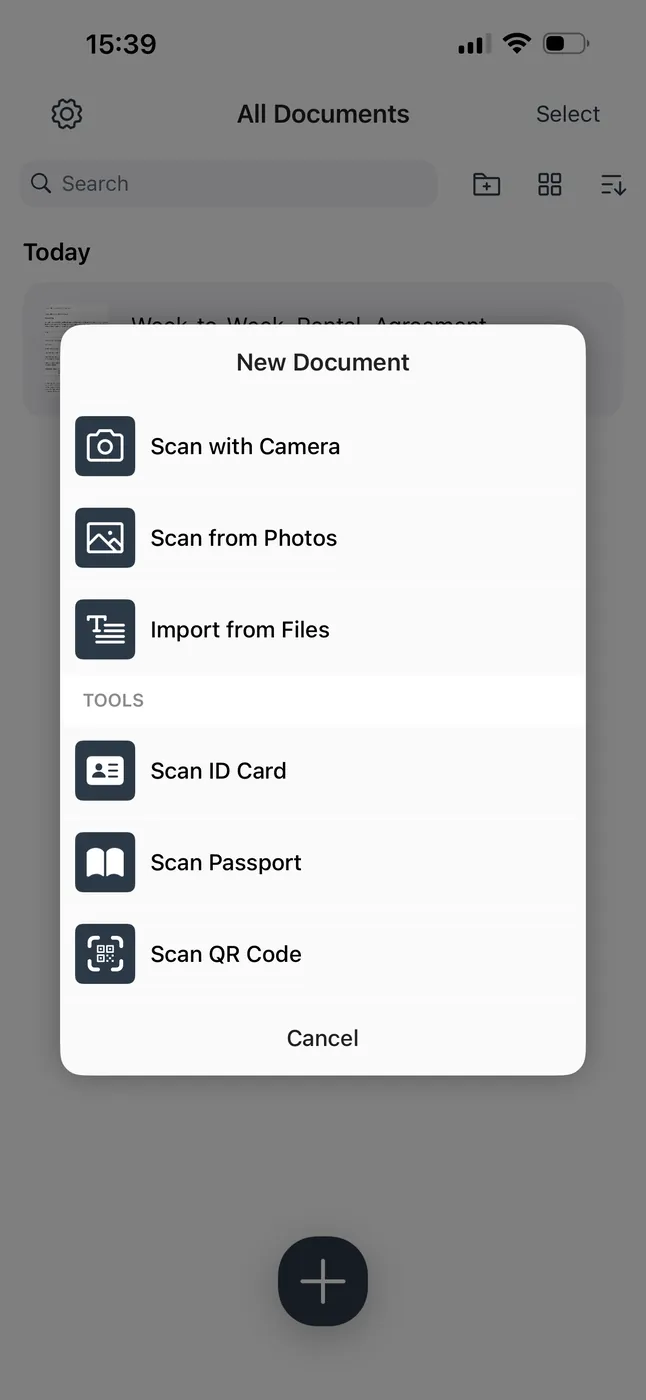 The New Document menu in Scanner App with Scan ID Card under Tools