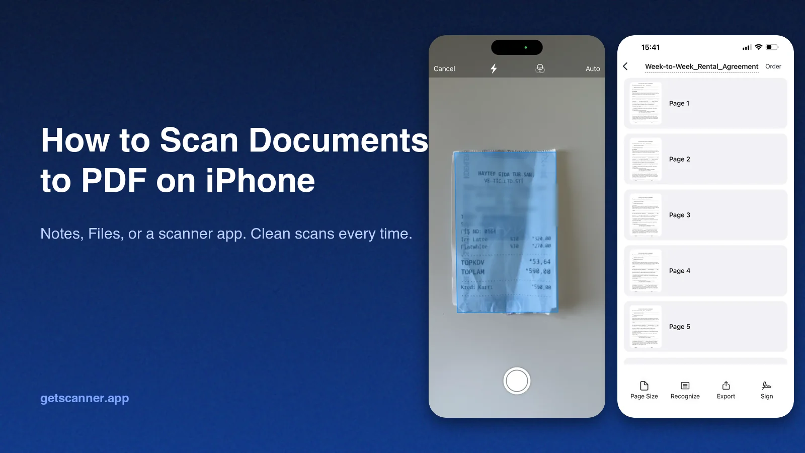 How to scan documents to PDF on iPhone, shown with Scanner App edge detection and a multi-page document