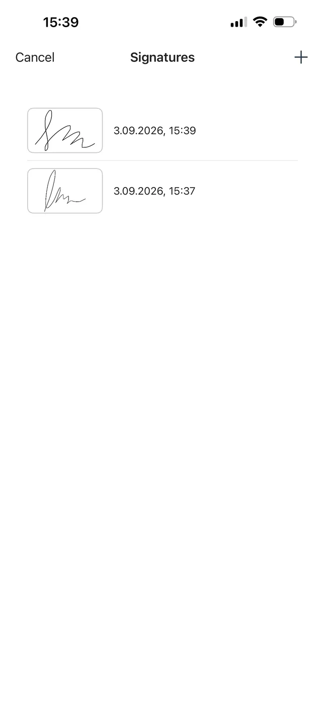The saved signatures list in Scanner App with a full signature and initials