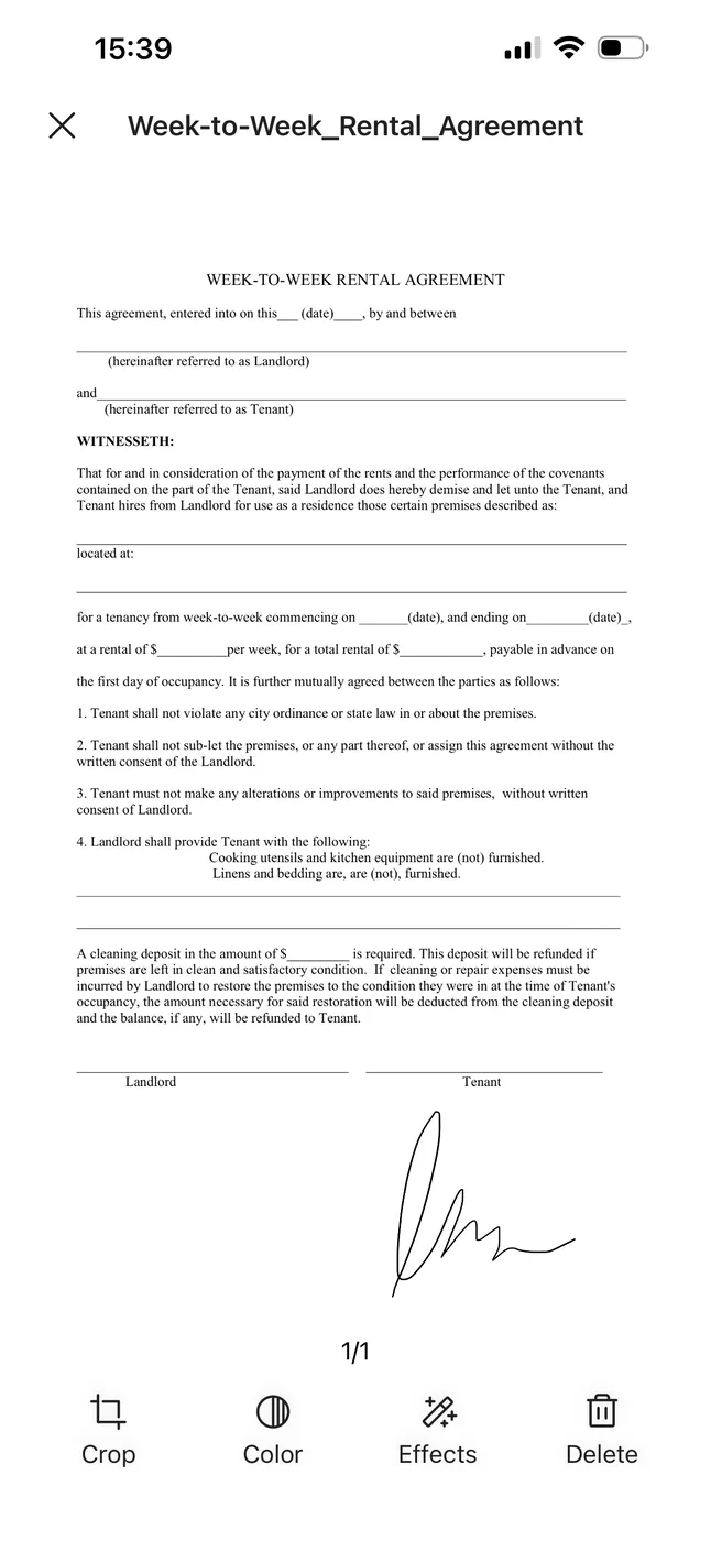 A signed and dated document page in Scanner App ready to export