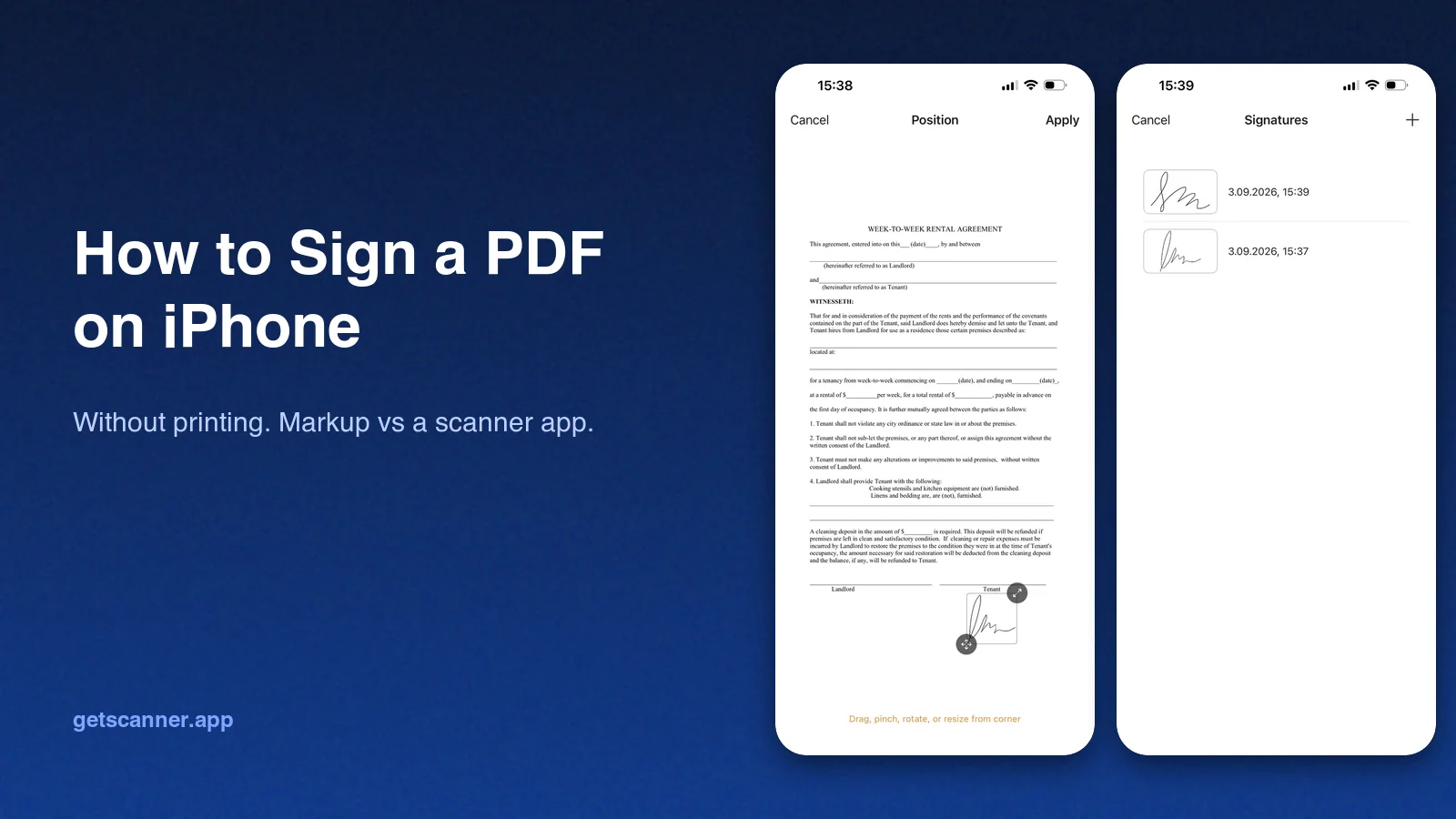 How to sign a PDF on iPhone without printing, shown with Scanner App screenshots