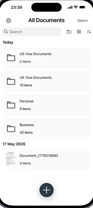 Scanner App All Documents list with search, folders, and scans grouped by date