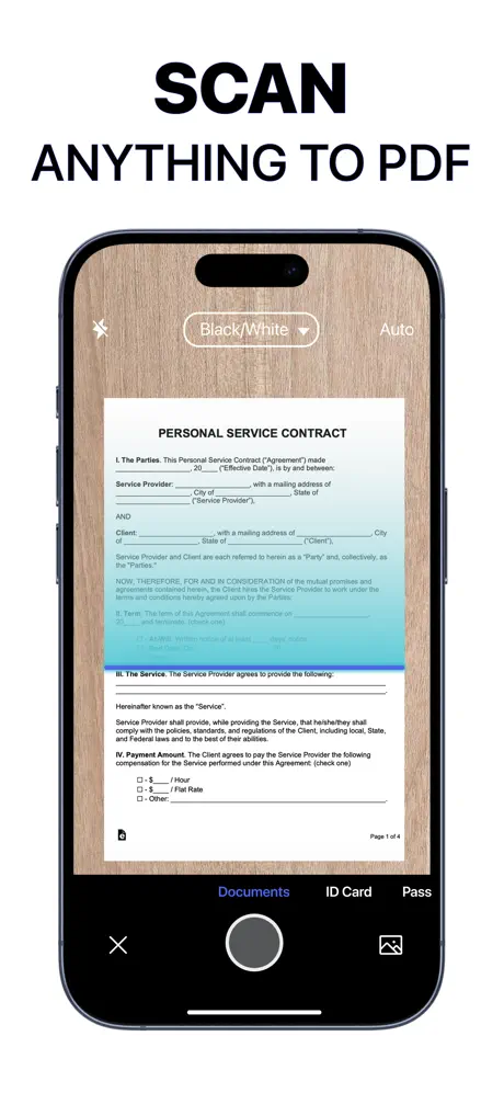 Scanner App capturing a paper contract and converting it to PDF on iPhone