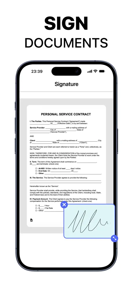 Scanner App placing a handwritten signature onto a contract on iPhone