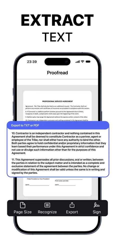 Scanner App extracting editable text from a scanned agreement on iPhone