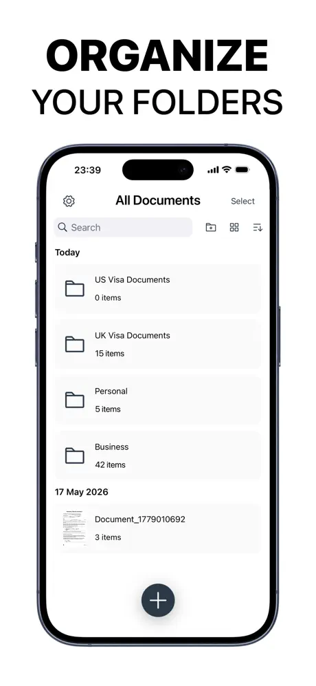 Scanner App document list with folders for visa, personal and business paperwork on iPhone